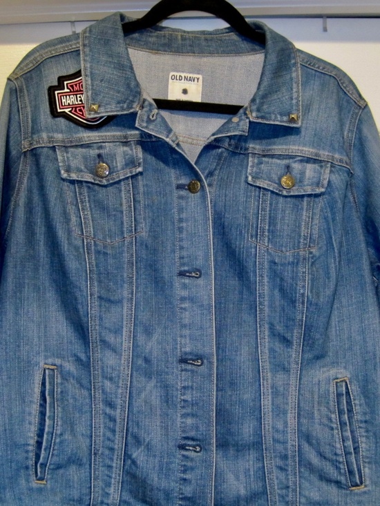 Old Navy Women’s Class Blue Jean Jacket Size 2X with Harley David emblems - Picture 1 of 5